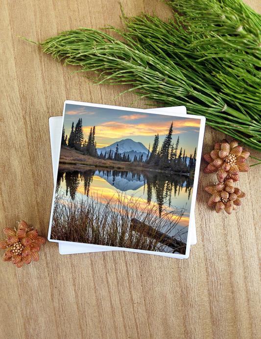 This picture is of the beautiful Mount Rainier in Washington State. Beautiful picture that makes beautiful Coasters! Great Gift!