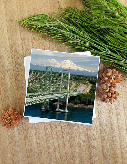 Narrows bridge from Gig Harbor,WA, to Tacoma,WA, Mount Rainier is in the back ground. Beautiful picture, beautiful Coasters  Great Gift!