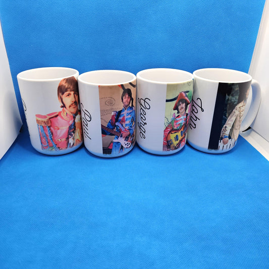 John, Paul, George and Ringo! Great set of coffee mugs. If this set were perfect we would sell them for 45 dollars.