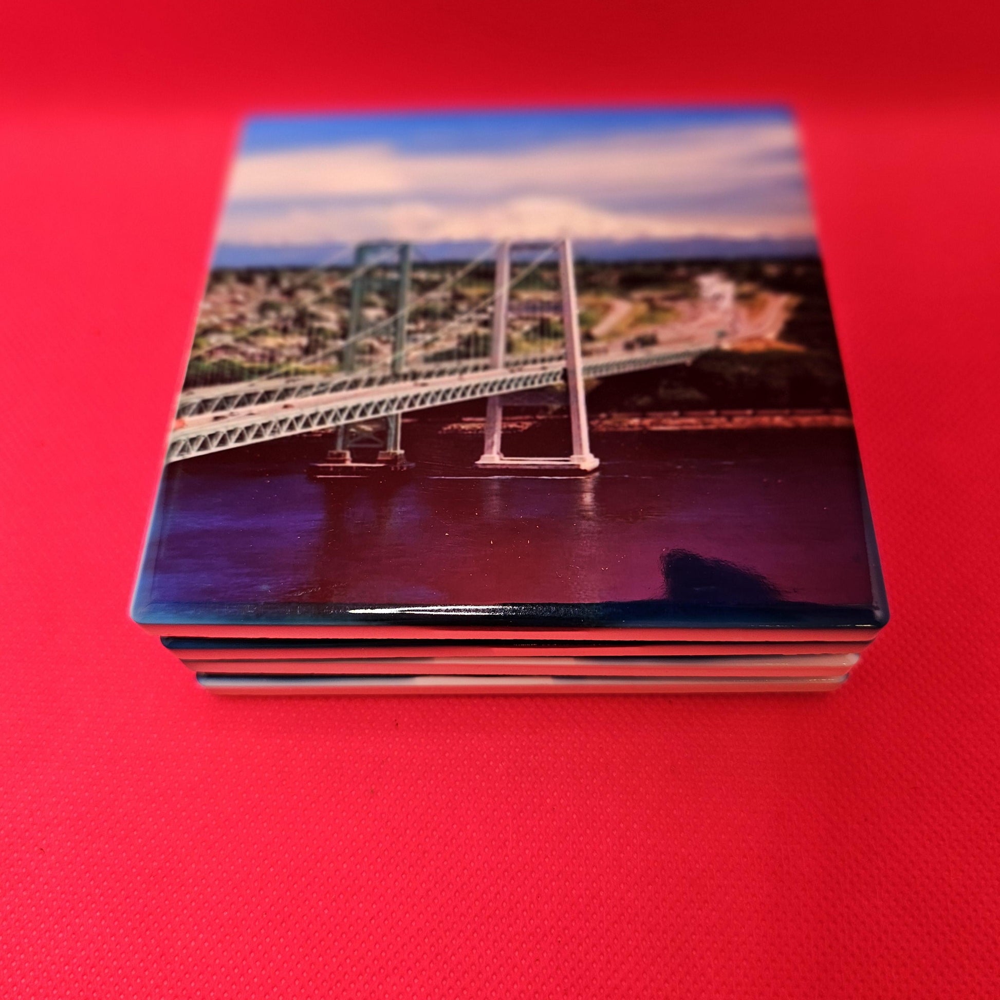 Narrows bridge from Gig Harbor,WA, to Tacoma,WA, Mount Rainier is in the back ground. Beautiful picture, beautiful Coasters Great Gift!